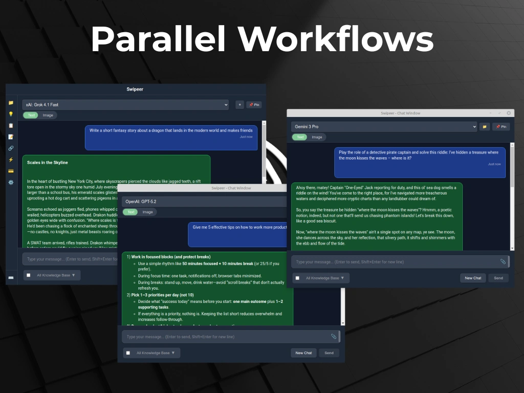 Swipeer Parallel Workflows: Comparing multiple AI models side-by-side for social media content generation